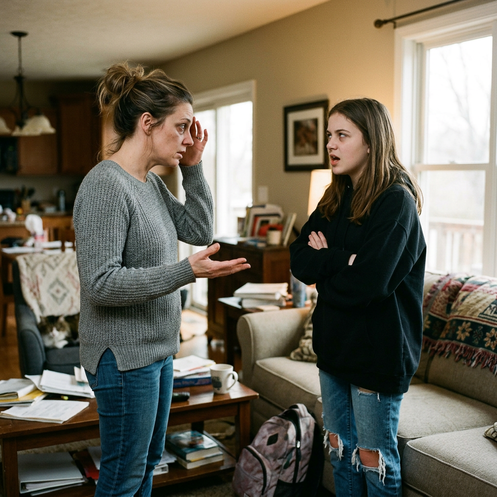 Mother and teenage daughter standing and arguing in a living room