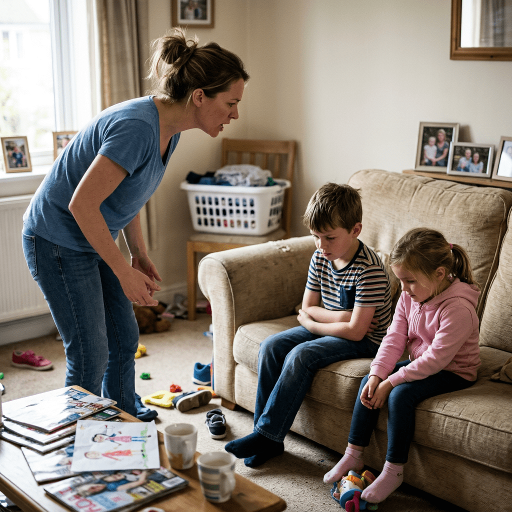 A mother leaning forward speaking to two children sitting quietly on a couch in a living room