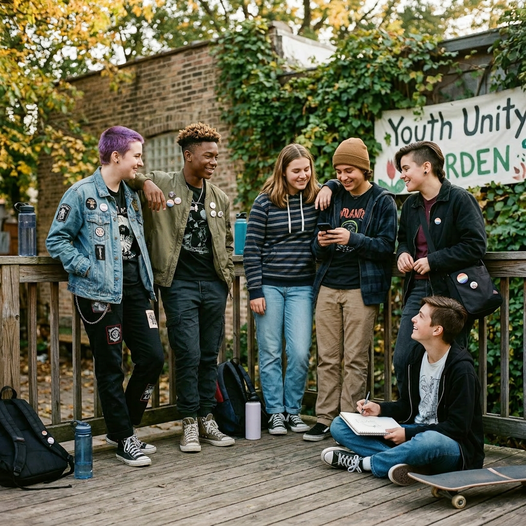 Six teenagers smiling and talking on a wooden deck near a Youth Unity Garden sign