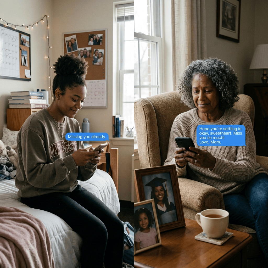 Daughter texts “Missing you already.” Mother replies “Hope you're settling in okay, sweetheart. Miss you so much! Love, Mom.”